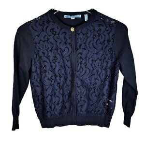 Draper James XS Lace Front Cardigan Sweater Office Brunch 3/4 Sleeve Navy